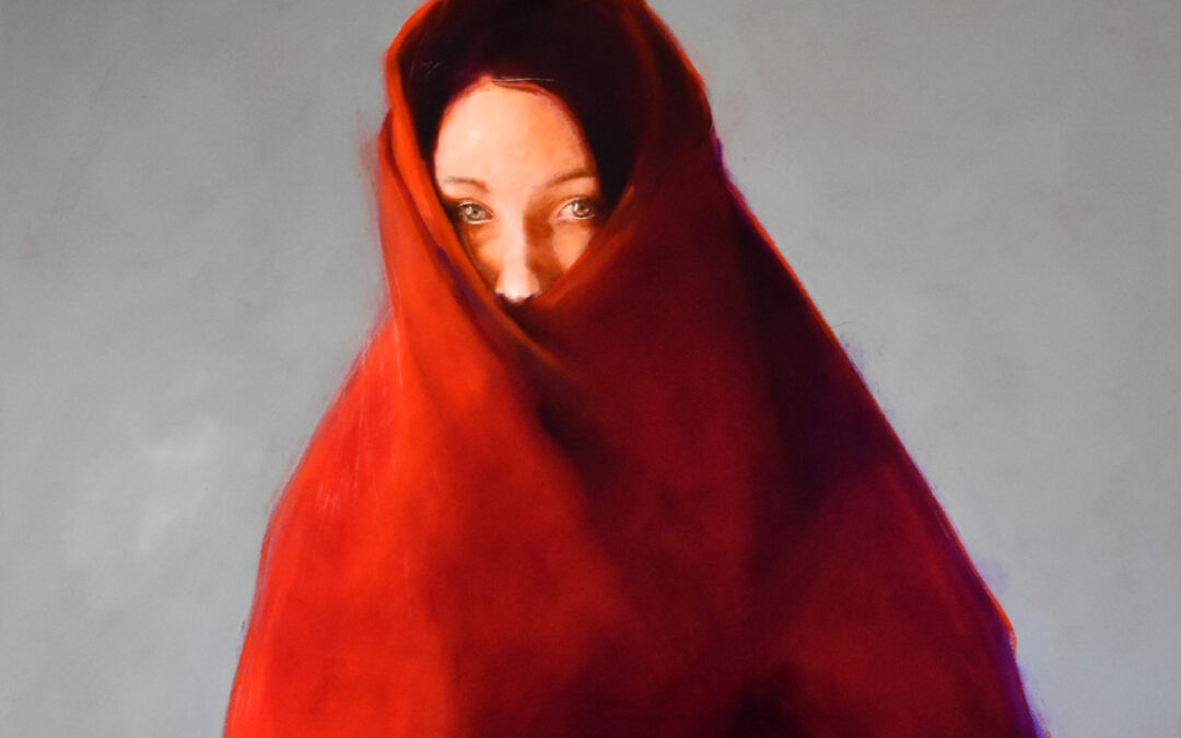 A painting of a woman in red cover