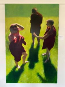 A painting depicting three people